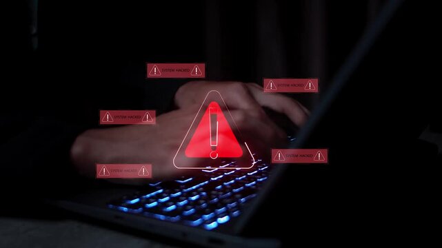Cybersecurity warning alert with danger symbol on laptop screen, representing system breach, malware attack, data protection failure, and online threat detection in digital business environment.