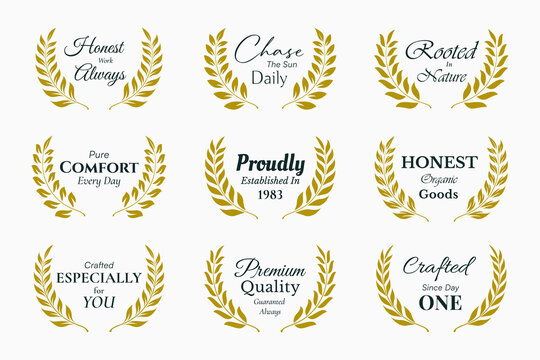 Elegant Laurel Wreath Brand Values Badge Collection with Nature Slogans, Organic Quality and Crafted Identity