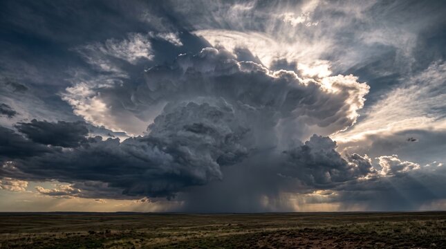 Dramatic supercell thunderstorm over open plains, massive storm cloud formation with heavy rain, powerful weather phenomenon in dark sky
