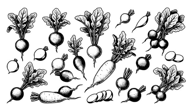 Radish vegetable whole sliced and leafy vintage ink vector illustration set