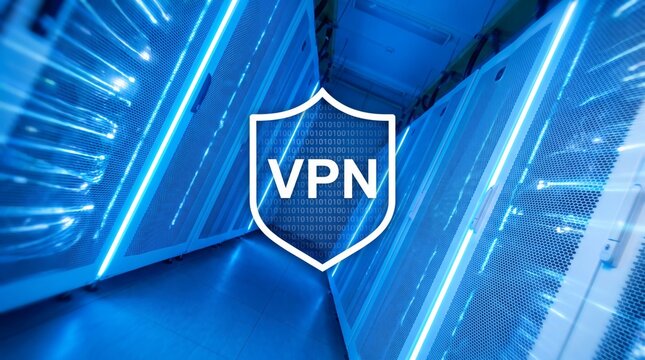 VPN Shield Icon with Binary Code Overlay on Blue Server Room Data Center Background Concept