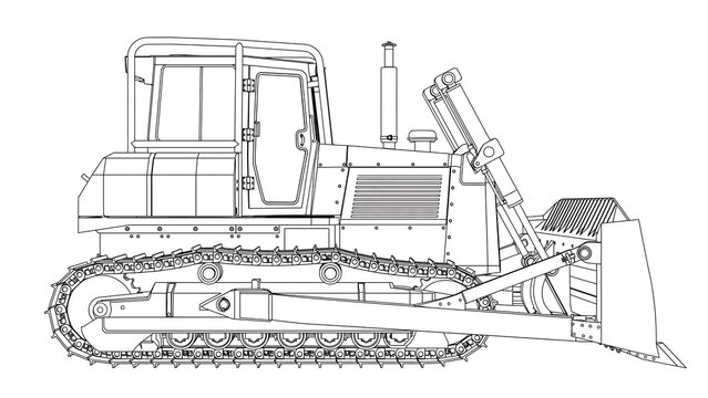 Bulldozer line art illustration white background.