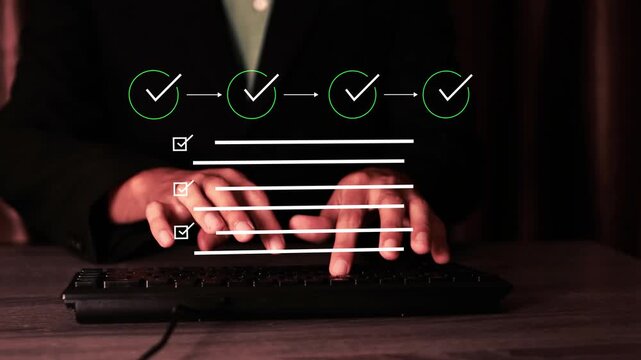 Project coordinator tracking four-step workflow progress on digital virtual checklist interface, concept of milestone evaluation, quality control approval, project management, and strategic planning.