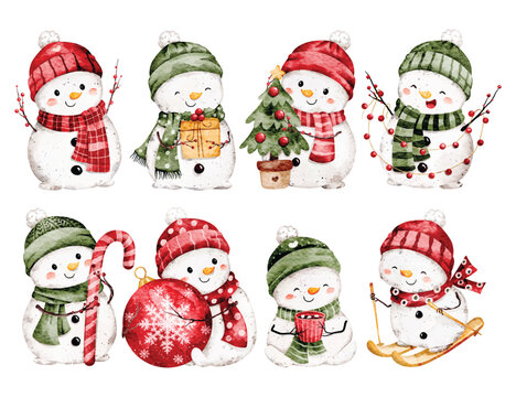 Watercolor Illustration Set of Cute Snowman