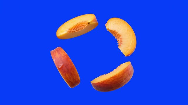 Ripe juicy peach slices floating and spinning in mid-air isolated on a solid blue chroma key background. Great for peach juice commercials, summer dessert advertising, keyable food video overlays, fre