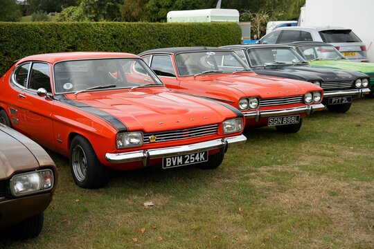 A line up of stunning classic Mk1 Ford Capris. Harrogate, Yorkshire, England, UK. August 2026. 