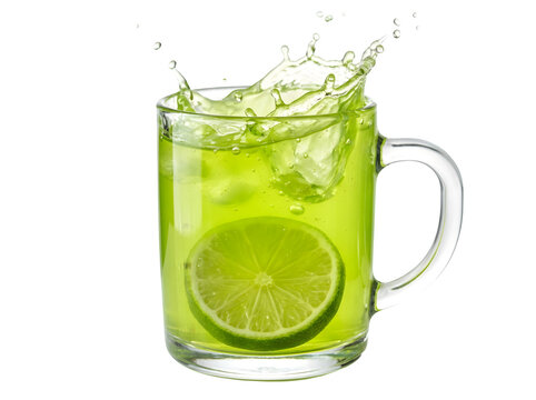 Fresh lime drink with splash in clear glass mug funny animal emoji isolated on transparent background