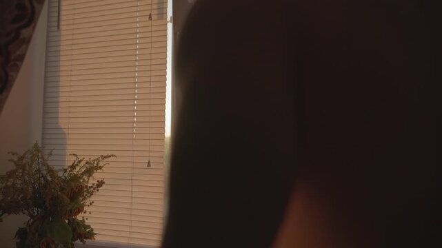 Rear view of a man's hands opening window blinds in dark cinematic room