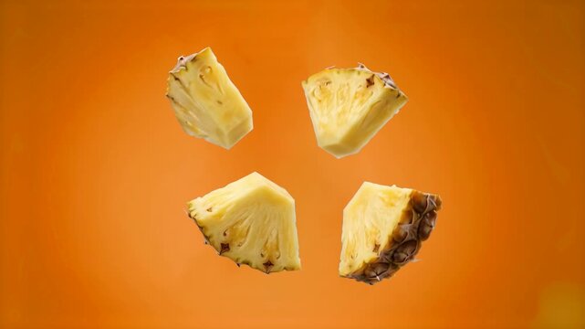 Fresh juicy pineapple chunks levitating and rotating in mid-air isolated on a vibrant orange background. Suitable for tropical juice advertising, summer beverage marketing, fruit salad promos, high-en
