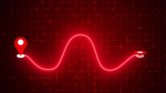 4K Neon Wave Route with Map Pin on a grid background. Glowing Wave GPS navigation route for delivery services, Online shops, UI, Buying process, and Business Marketing.