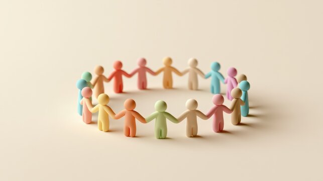 Figures made of soft clay in various colors stand together in a circle holding hands, representing unity and togetherness in a simple setting.