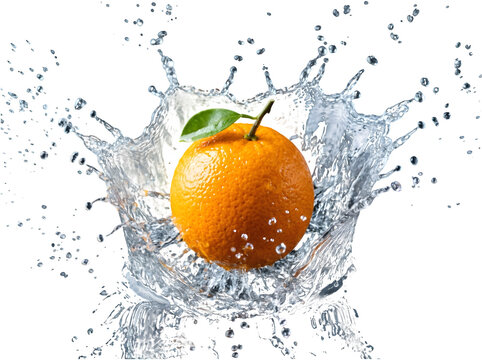Fresh orange with green leaf splashing into water on transparent background funny animal emoji