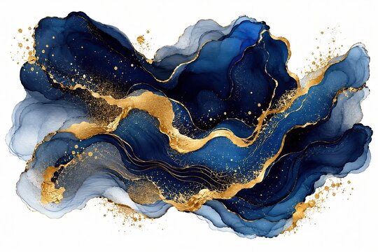 Abstract dark blue watercolor texture with elegant gold glitter splash