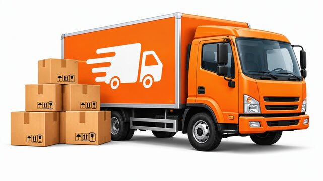 Orange delivery truck with cardboard boxes for shipping and logistics