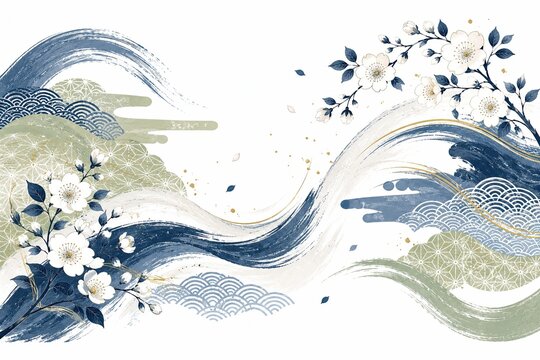 Abstract japanese wave art with blue and gold ink brush strokes style
