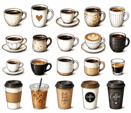 Collection of various coffee cups and mugs isolated on white background