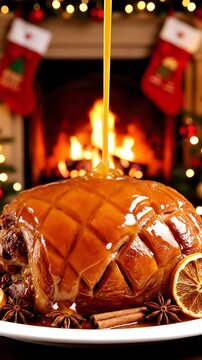 Glazed Christmas Holiday Ham with Sweet Pouring Sauce Beside a Warm Cozy Fireplace