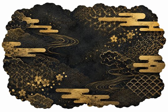 Black and gold japanese style cloud pattern frame on white background