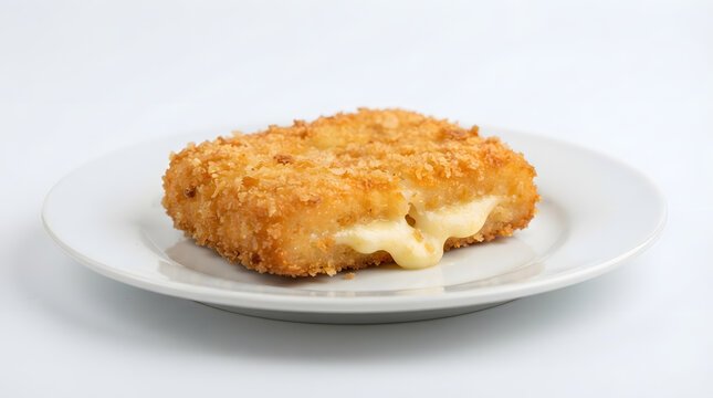 White plate of melting vyprazany syr or Slovak fried cheese in medium shot on white background. Slavic light dish, appetizers and side dishes assets