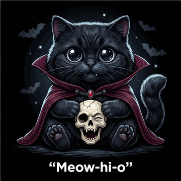 Cute Black Cat Vampire Holding Skull Meow-hi-o Funny Halloween Vector Illustration