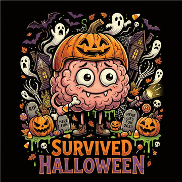 Funny Brain Character Survived Halloween Spooky Graveyard Haunted House Vector Illustration