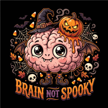 Cute Vampire Brain Not Spooky Halloween Witch Hat Bat Wings Vector Illustration