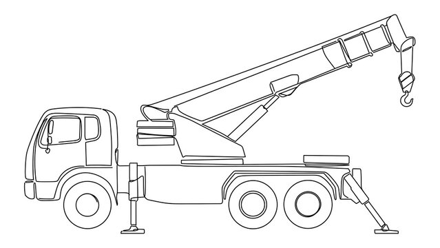 Crane truck line art illustration white background.