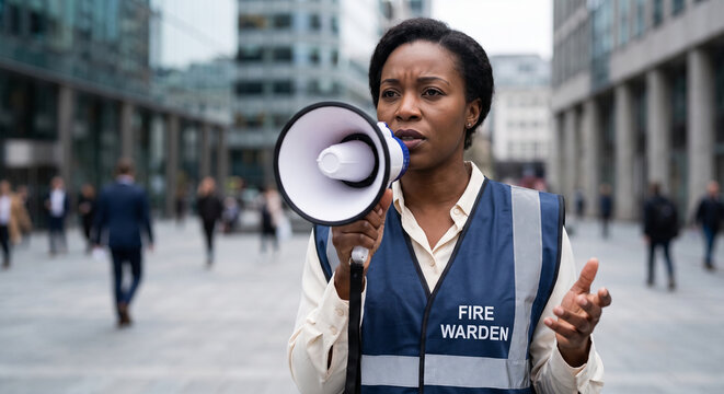 Black female fire warden using a megaphone to direct people in a busy city office district.