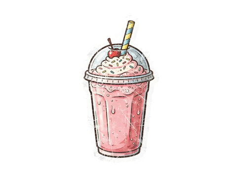 Strawberry milkshake in plastic cup isolated on transparent background funny animal emoji
