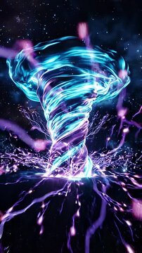 Colorful swirling tornado with electric sparks and cosmic background, showcasing dynamic motion and energy flow in a vibrant visual display of natural phenomena