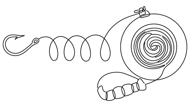 Fishing line and hook illustration on white background.
