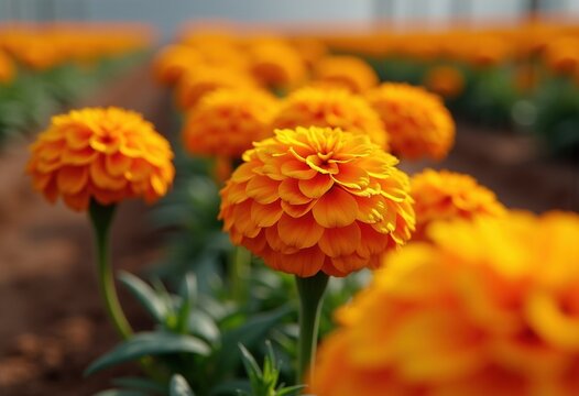 Lively Marigold Pom Poms Finely Aligned Touching Soil Bright Orange Row Procession Vibrant Blossom Accent Garden