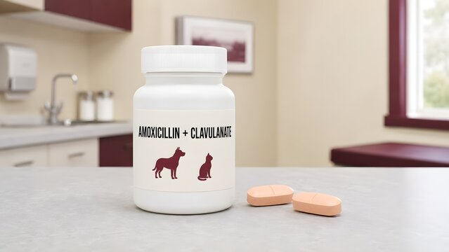 A white medicine container with two orange pills sitting on a clean veterinary clinic table with tablets veterinary office labeled animal medicine plastic bottle labeled