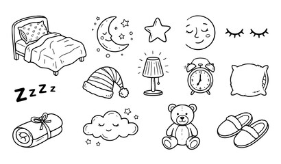 Obraz premium Hand Drawn Sleep Doodle Icons Set with Bed Moon Stars Pillow and Nighttime Symbols Vector Illustration