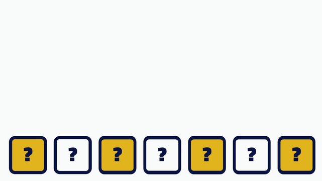Row of seven small yellow question mark icon boxes lined up in a row representing frequently asked questions help support and customer inquiry list