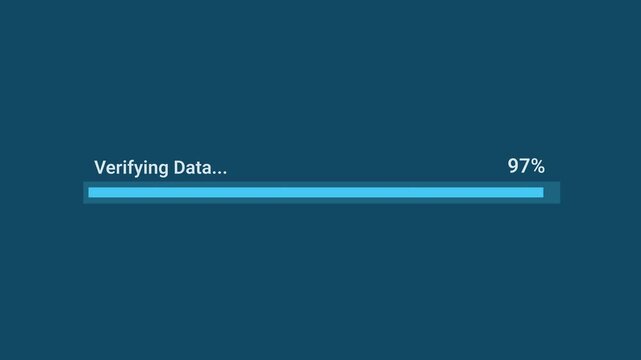 Animated motion graphics showing a thin cyan progress bar labeled "Verifying Data..." with a "97%" completion counter filling up over a dark blue background.