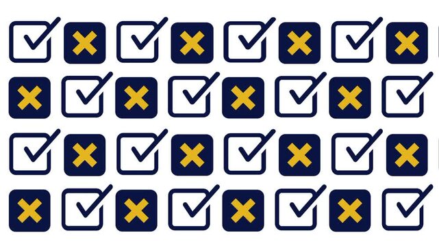 Grid pattern of many blue and yellow checkmark and cross checkbox icons representing survey results task list approval and rejection status overview