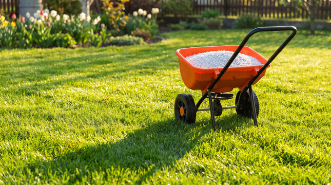 Action close up of push broadcast spreader distributing fertilizer pellets on green grass