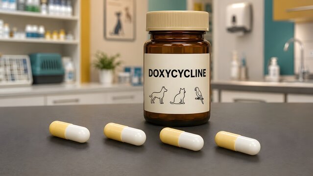 Amber veterinary medicine bottle with yellow and white capsules on a clinic counter surface with labeled veterinary icons dark surface inside pill bottle