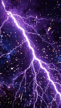 Bright purple lightning bolt strikes through a starry night sky, illuminating cosmic dust and creating a stunning visual spectacle of energy and light