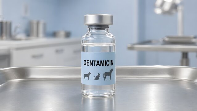 A clear glass veterinary medicine vial sits on a stainless steel tray in clinic with within veterinary examination