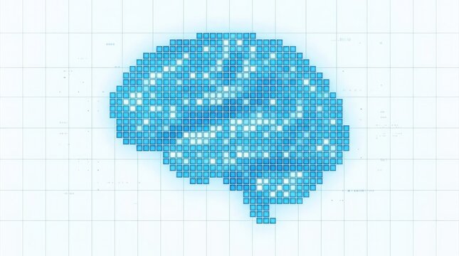 Blue digital pixel brain icon representing artificial intelligence.