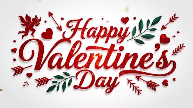 Red Happy Valentine's Day typography with Cupid on white
