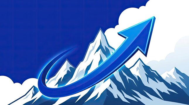 Blue upward arrow swooping over snowy mountain peaks.