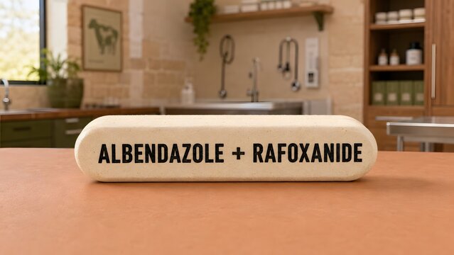 A large beige veterinary bolus pill sits on a flat terracotta surface in a clinic with rests smooth terracotta clinic pharmacy setting single large oblong