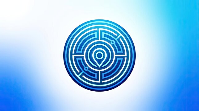 Circular blue labyrinth logo with location pin center.