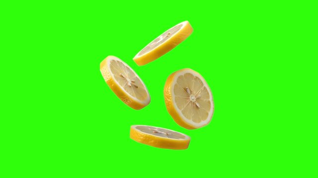 Fresh yellow lemon slices floating and levitating in mid-air isolated on a solid green chroma key background. Perfect for summer drink commercials, lemonade advertising, keyable food video overlays, a