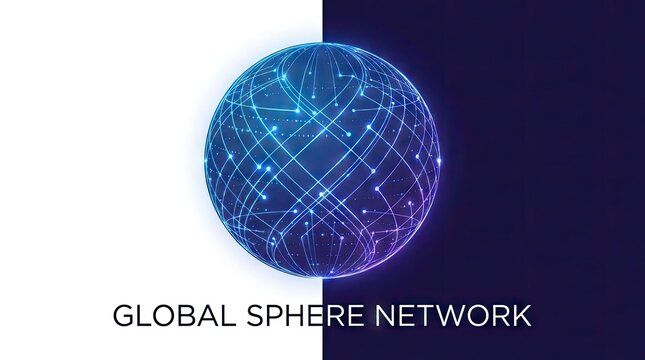 Glowing blue wireframe global network sphere logo.