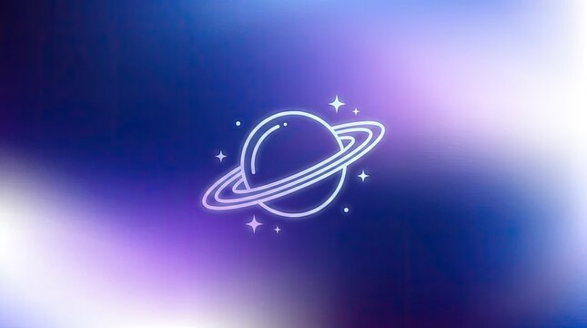 Glowing planet Saturn outline on blurred galaxy background.