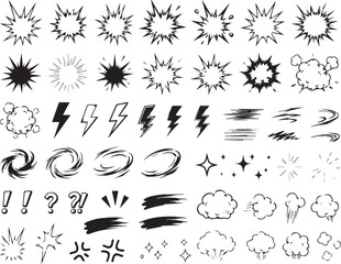 Diverse collection of monochrome vector graphic comic book style sound effects symbols including explosions lightning bolts sparks and motion lines © Monivara Creations